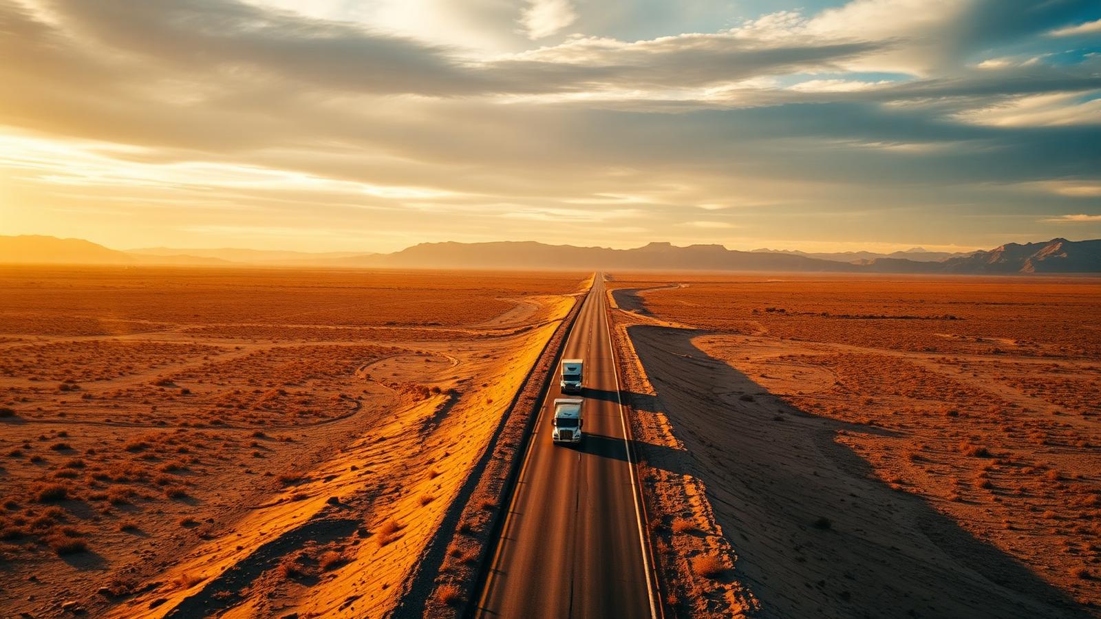 Open highway through the desert at sunset