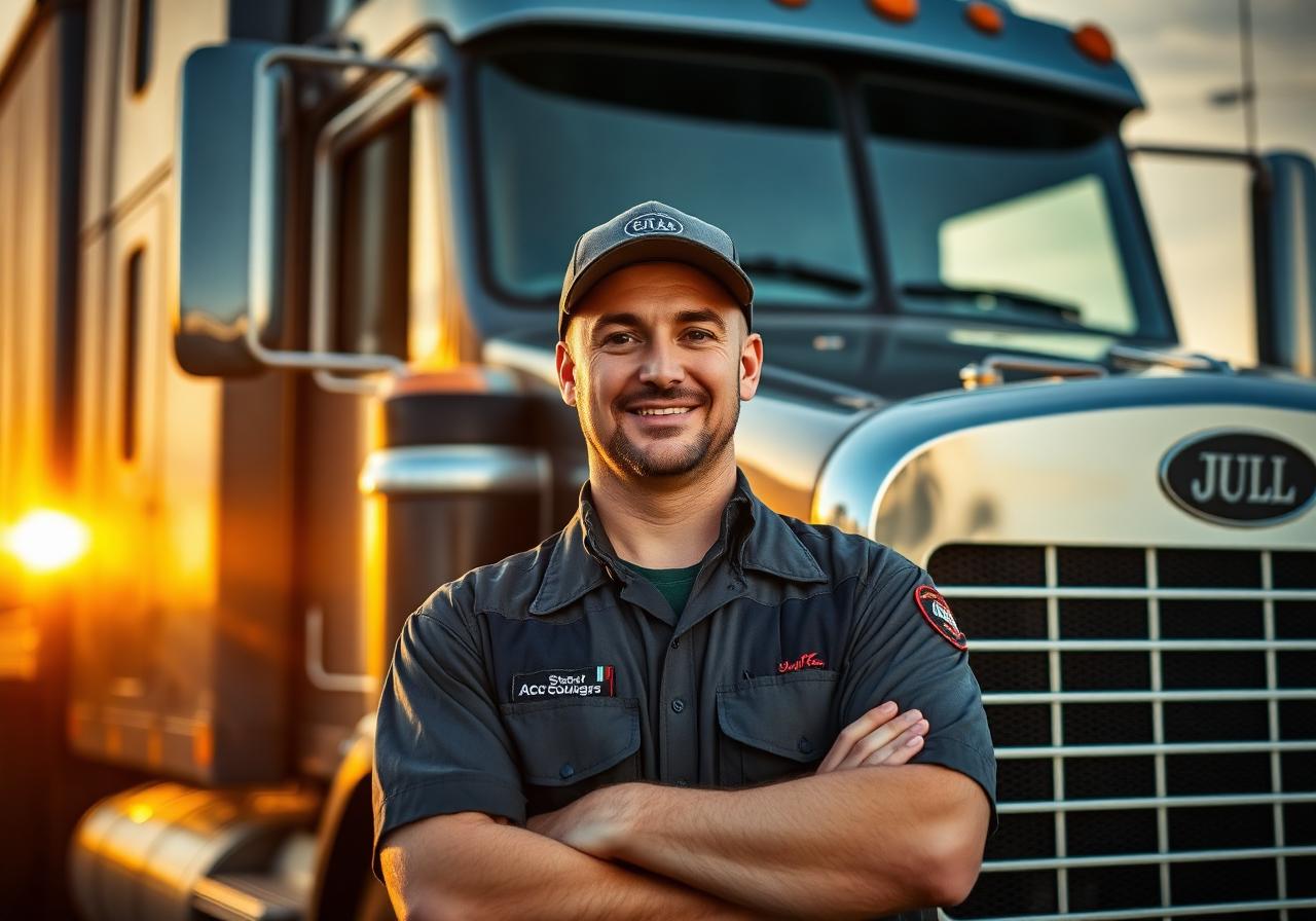 A professional CDL truck driver standing in front of a semi-truck